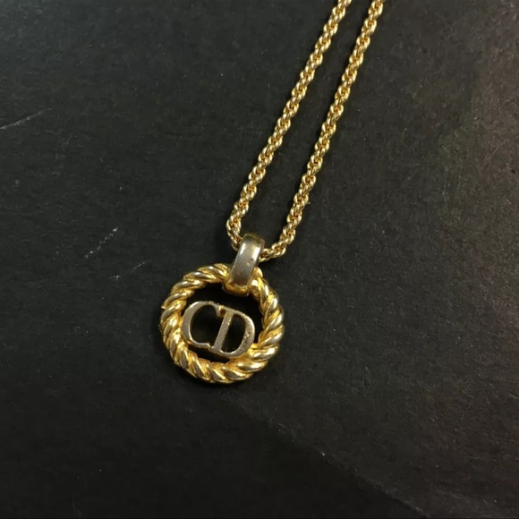 AUTH Christian Dior CD Logo Tone Pendant Necklace Gold - Picture 2 of 6